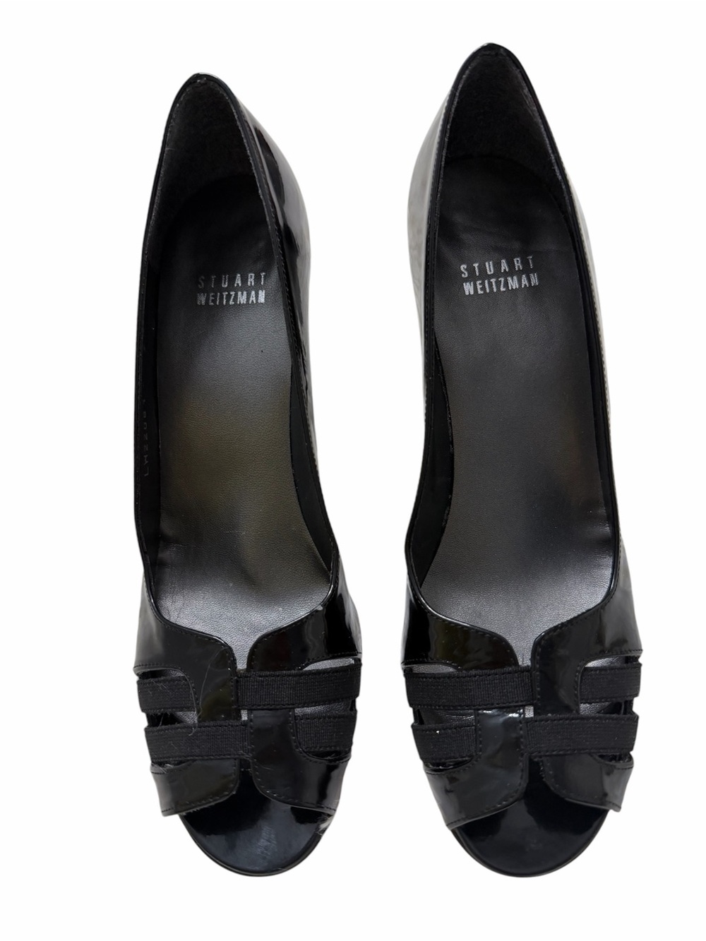 Stuart Weitzman Black Patent Peep‑Toe Heels Size 7N, office, casual, evening